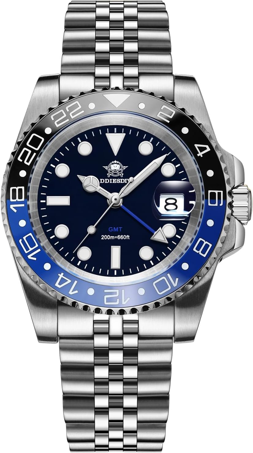 ADDIESDIVE GMT Men's Watch Diver Waterproof 200 m Two-Way Swiss 515-24 H Luminous Stainless Steel Men's Quartz Watch