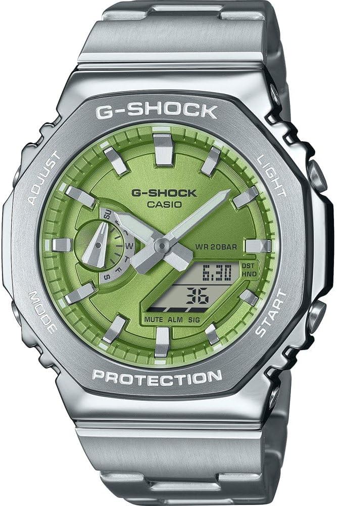 Casio G-shock GM-2110D-3AER Men's Military Quartz Watch, Grey Stainless Steel Strap, Resin Case, Digital Dial Green