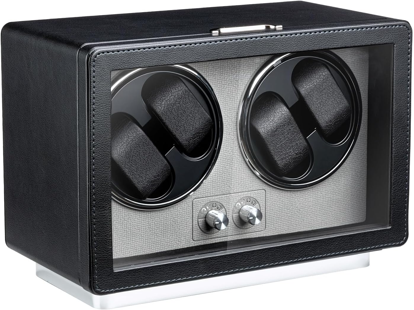 Mcbazel PU Leather Rectangle Automatic Watch Charging Box for 4 Watches Dual Dial Ultra Quiet Motor 4 Modes Adjustment and LED Light USB/Battery Power - Black