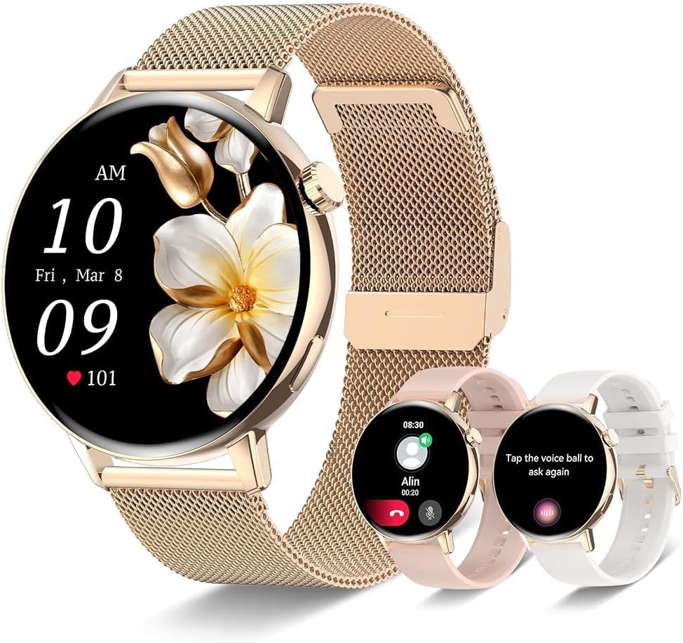 Women's Smartwatch 1.32 Inch TFT Digital Round Watch with WhatsApp Calls 150+ Sports Mode Heart Rate SpO2 Sleep Monitor, Waterproof Fitness Trackers for Android iOS (Gold)