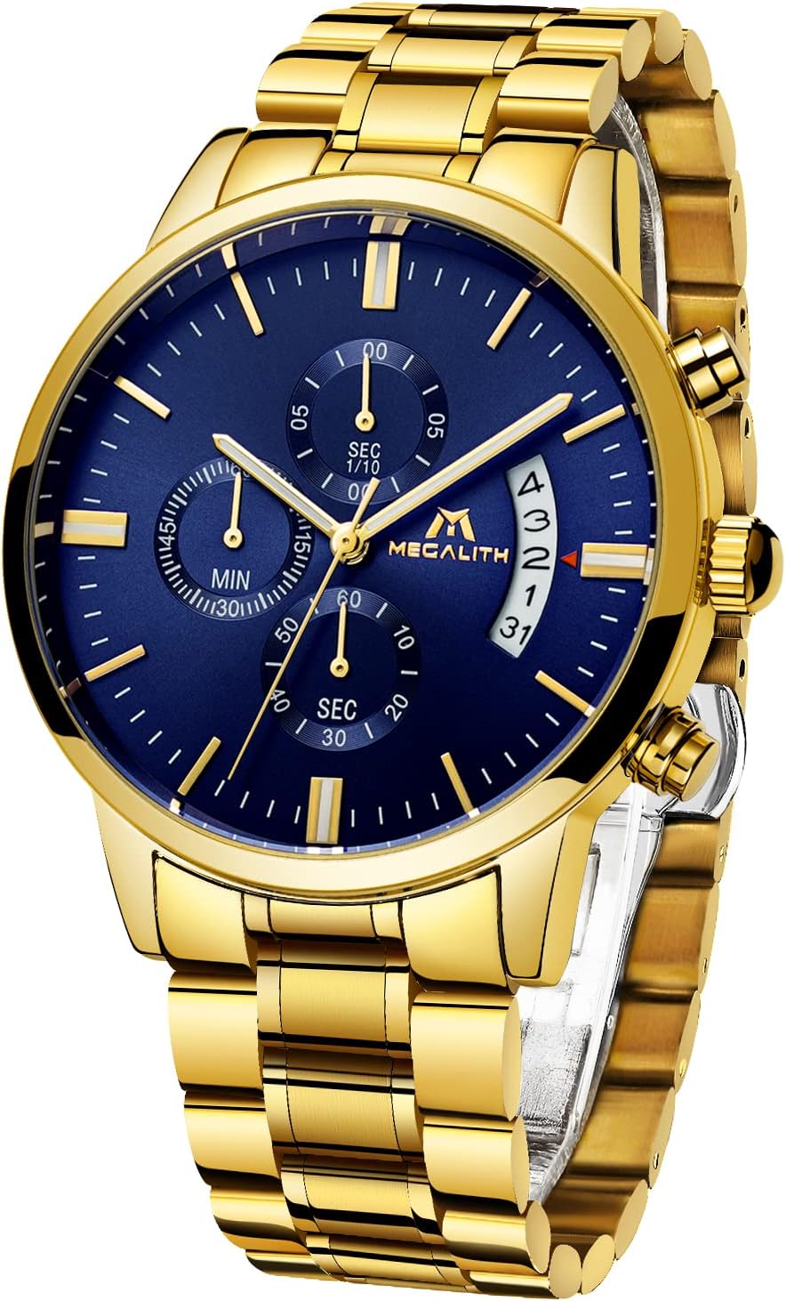MEGALITH Men's Military Chronograph Watches Waterproof Analog Large Dial Luminous Date Elegant Men's Gifts, E2-Gold Blue, Blue Chronograph with Gold Strap