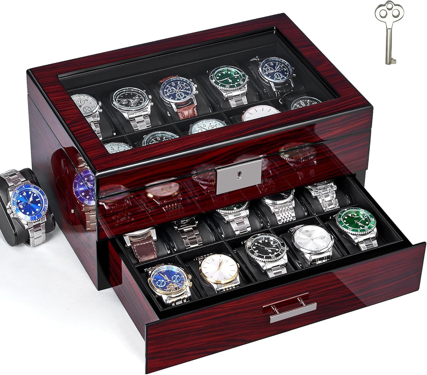 ANWBROAD JWB002Y JWB002Y Men's Watch Box with Large Glass Lid 2-Tier Watch Box for Father's Day Gift Watches Box