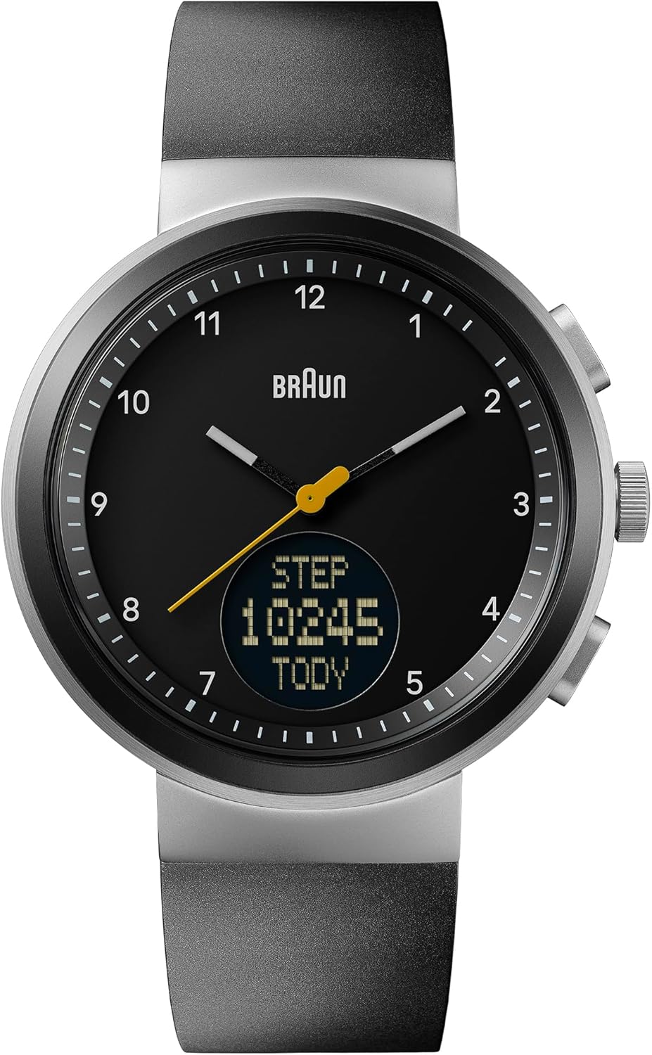 Braun Analogue Quartz Watch with Digital Display with Calendar and Step Count, Black Silicone Rubber Strap, 45mm Stainless Steel Case, Model BN0299PWHBKG