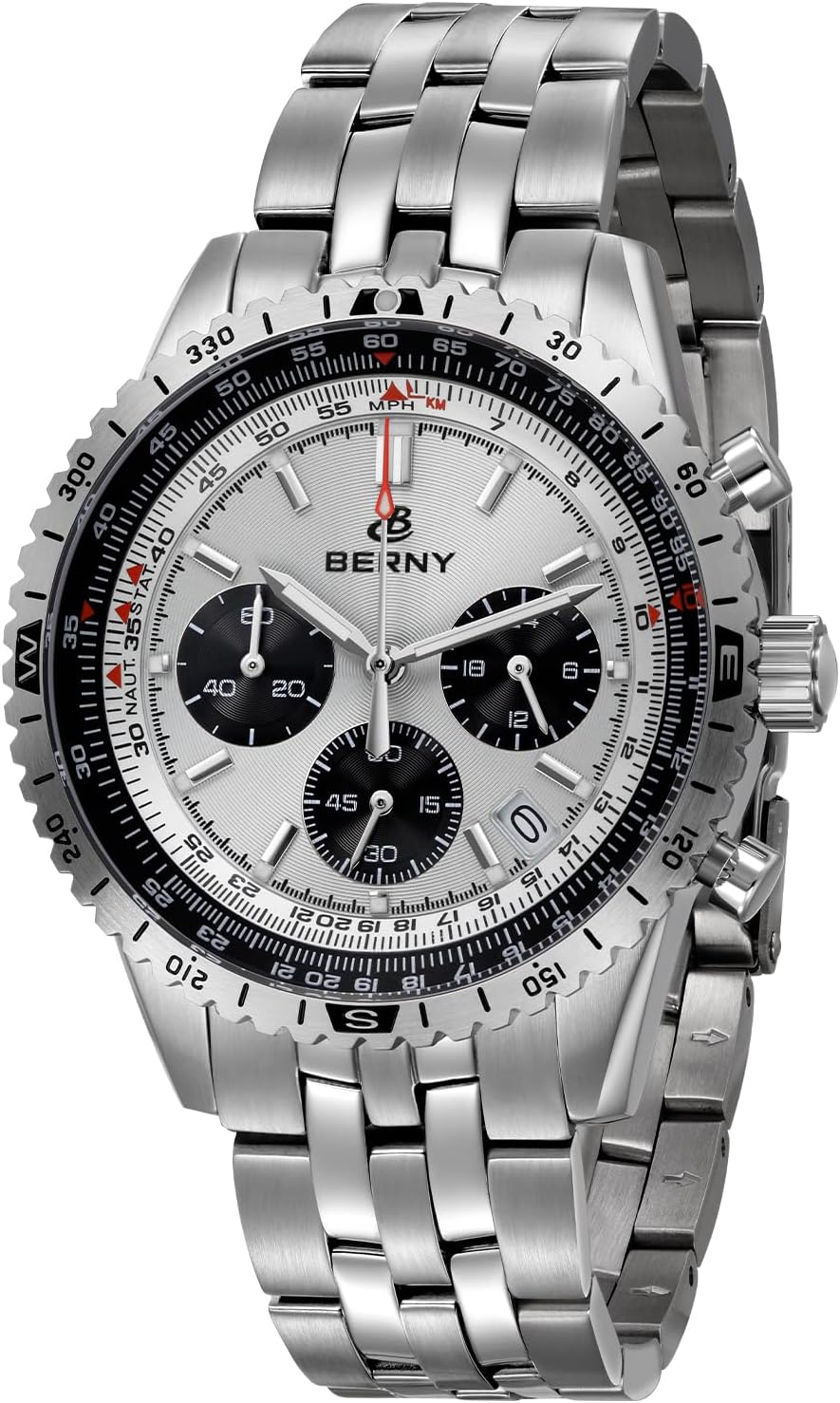 BERNY Chronograph Tachometer Men's Analogue Quartz Sport Watch Stopwatch 3 ATM Waterproof Calendar Date Luminous C3