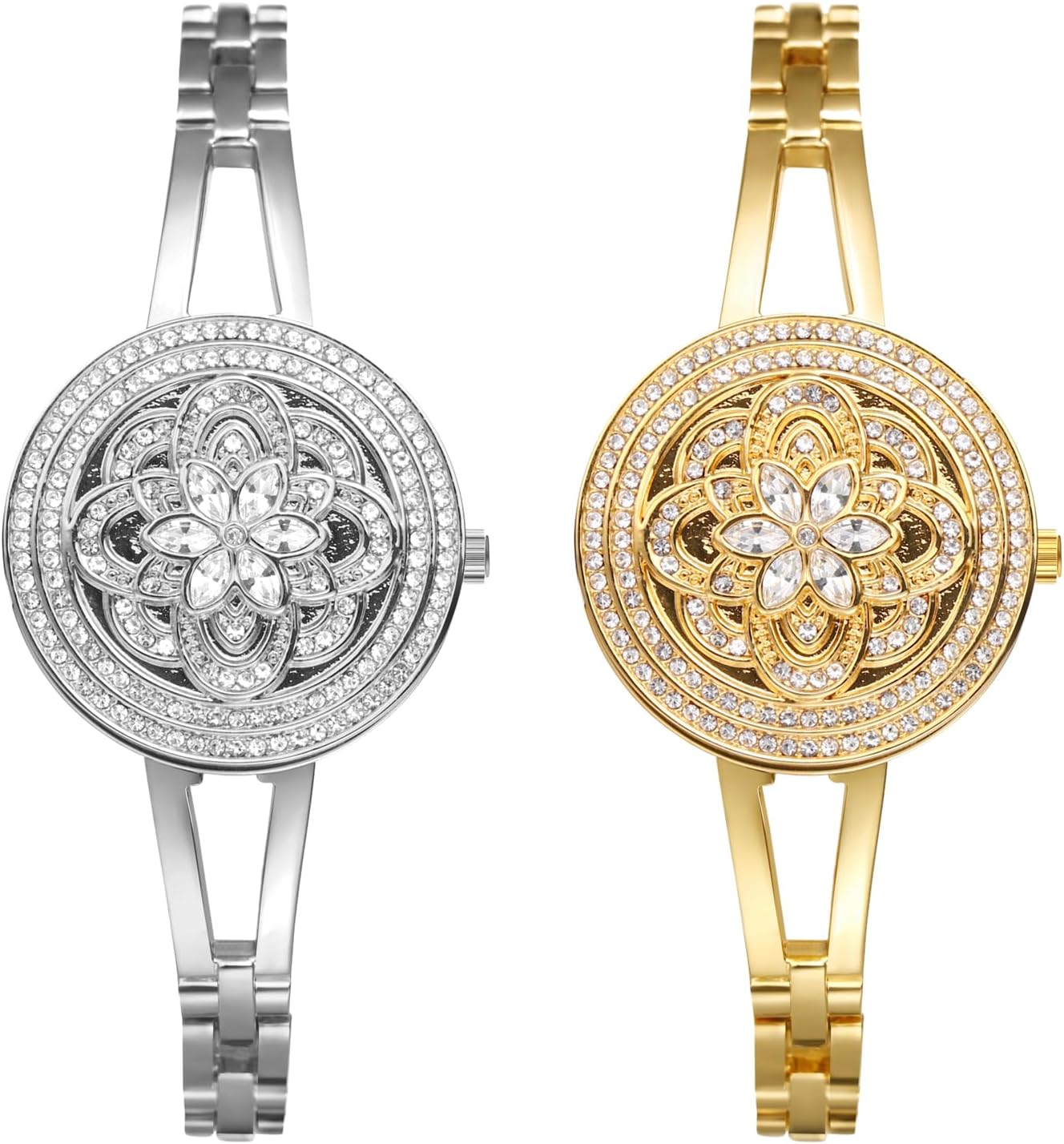 JewelryWe Flower Women's Open Watch: Fashion Quartz Watch with Cubic Zirconia Bracelet Gift Ideas for Her