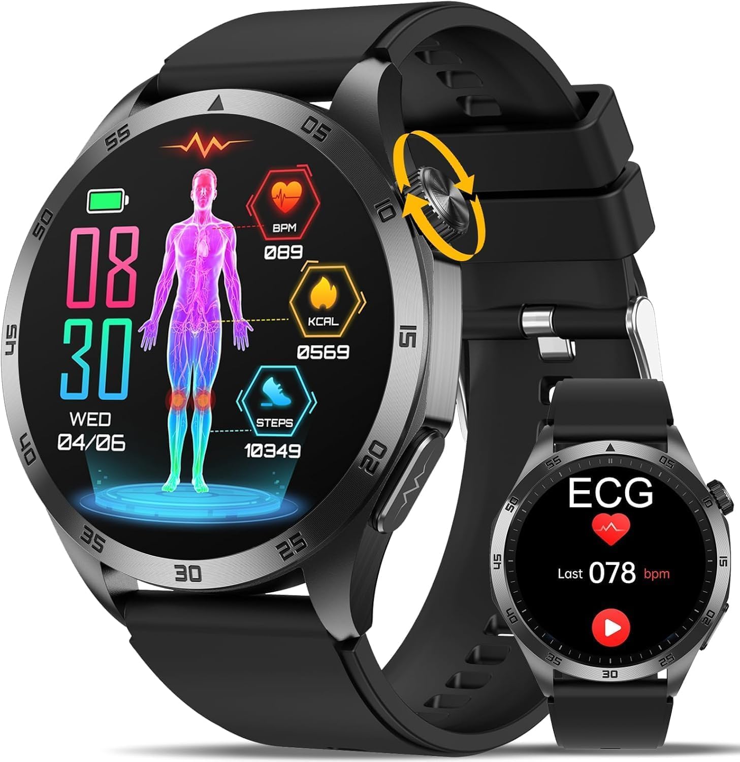 Men's Watch Connected ECG+HRV 1.43 Inch AMOLED Smartwatch Tensěon Arteroielle/BMI/Acede Ureca/Lepedes/Sleep Smart Watch Health Calling Bluetooth/SOS Emergency/24H Freqeqence Cardana/SPE2
