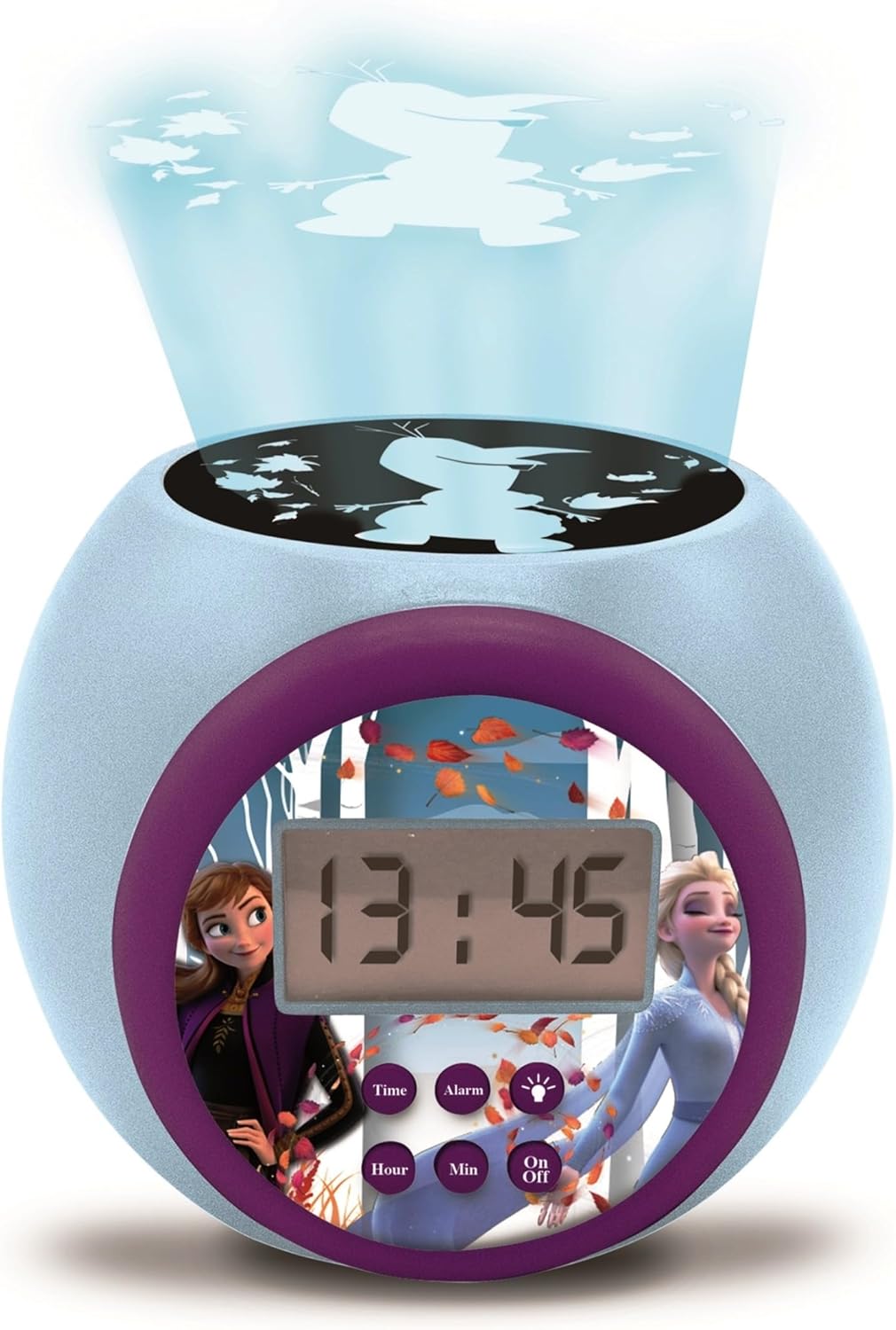 Lexibook - Disney Frozen Anna Elsa Projector Alarm Clock with Snooze Function, Night Light with Timer, LCD Screen, Battery, Blue/Purple, RL977FZLXB