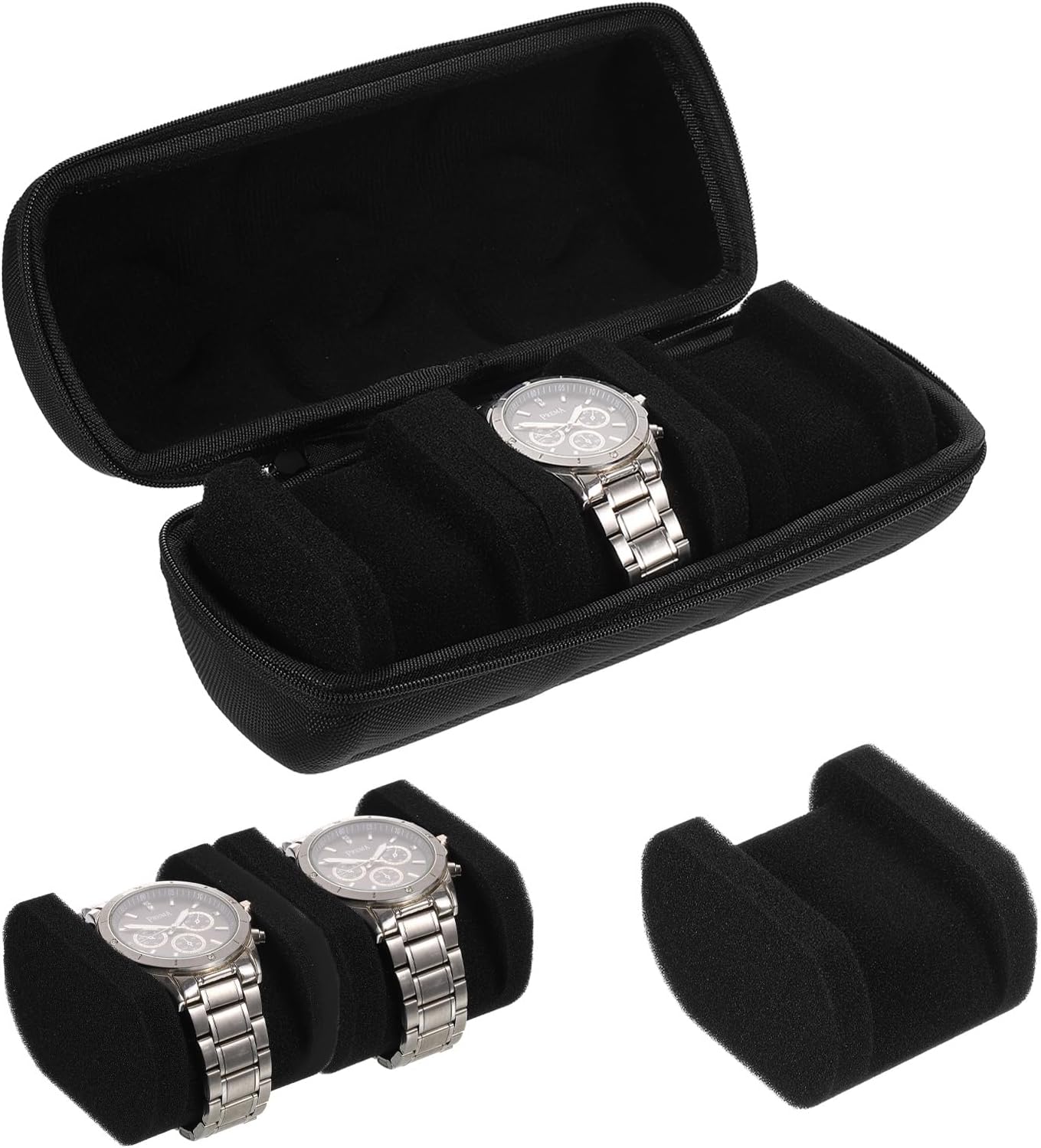 sourcing map 3 Compartment Hard Watch Travel Case Organizer for Men and Women with Soft Cushion for Most Watches and Smart Watches up to 40mm, Black