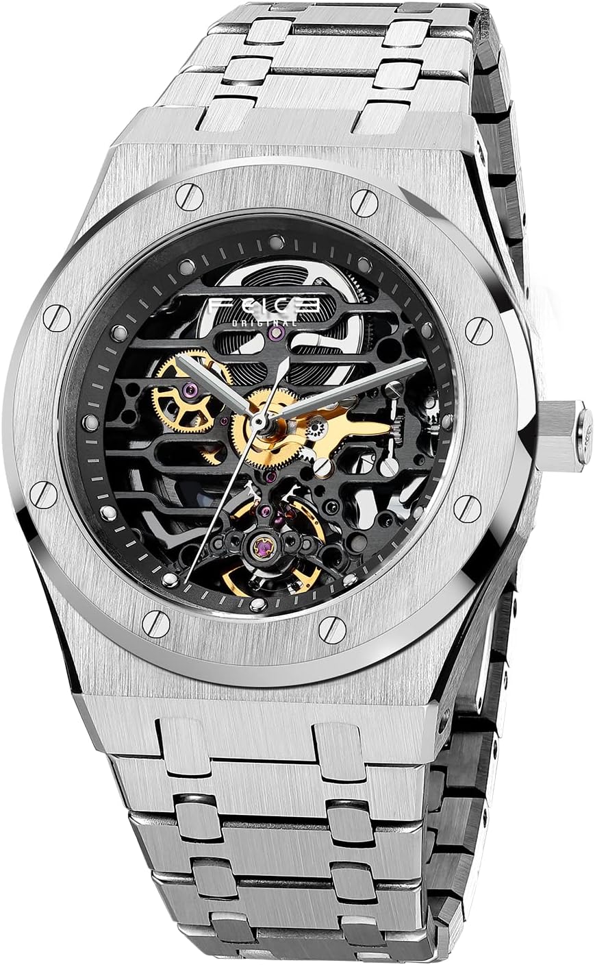 FEICE Men's Automatic Mechanical Watch Skeleton Sapphire Glass 42 mm, Bracelet