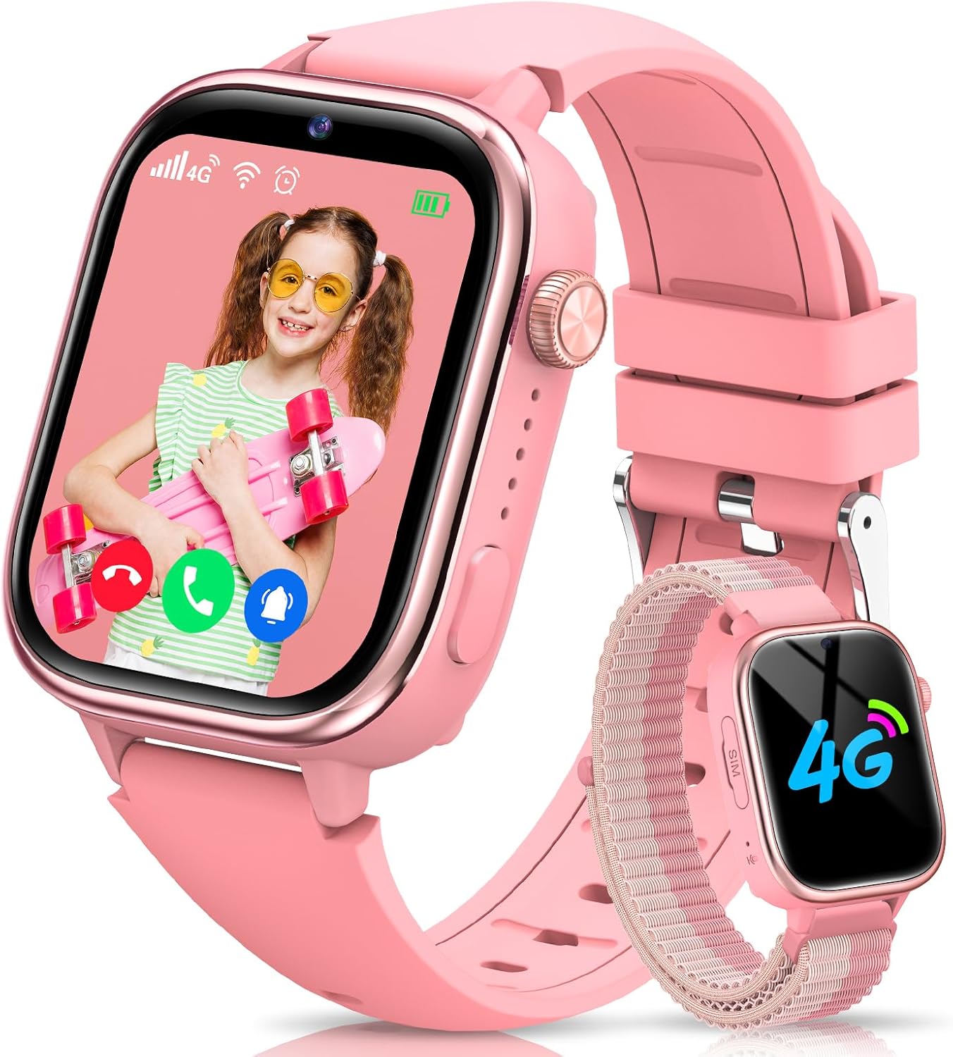 RUXINGX 4G Children's Smartwatch IP68 Waterproof Smartwatch with GPS, SOS, Phone, HD Video Call, Voice Chat, Lesson Mode, Alarm, Sleep, Children's Watch for Girls and Boys, Pink