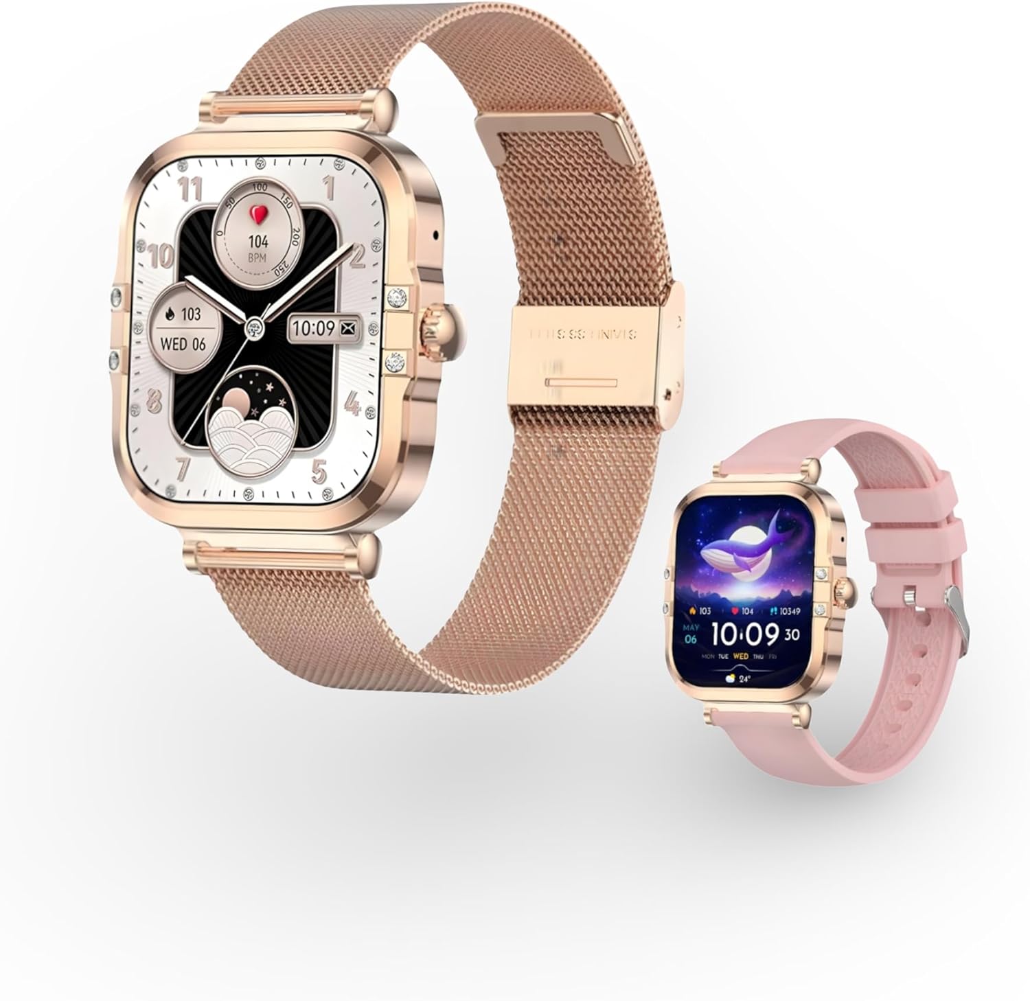 Luxora Ladies Watch - 1.75" HD AMOLED Display - Bluetooth Calls, Notifications & Health Monitoring - 2 Bracelets (Metal & Silicone) Added - Elegant Gold Case Design - .SOS