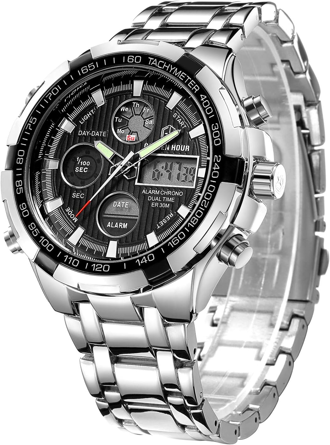 Mens Stylish Waterproof Stainless Steel Analog Digital Chronograph Date Alarm Watches