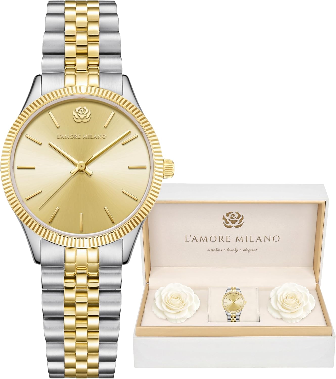 L'AMORE MILANO - Orologio donna in scatola rose - Bel regalo donna fidanzata, mamma - Orologio di alta qualità scatola regalo, impermeabile 5 ATM - Regali per lei - 32mm elegante orologio oro