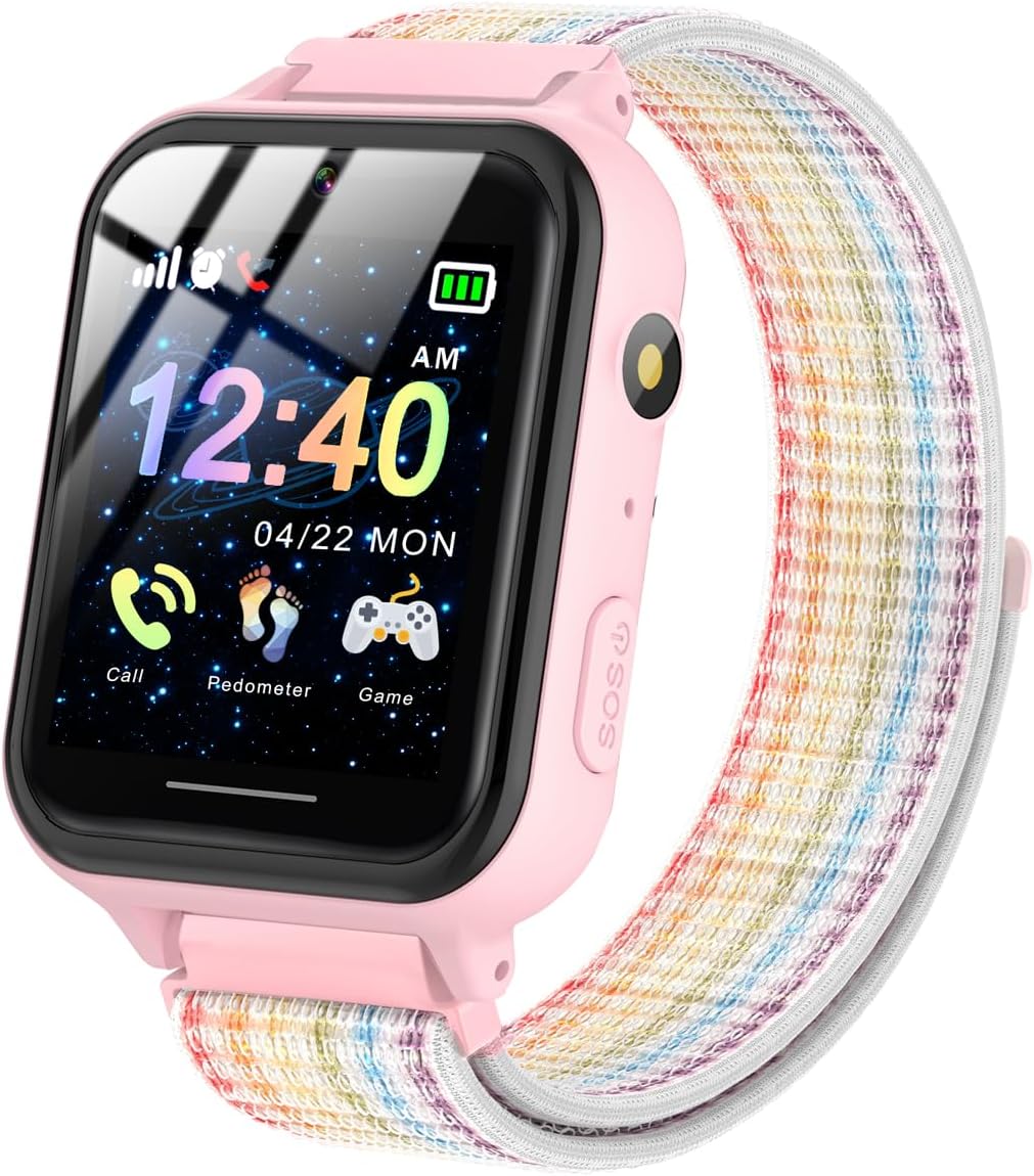 PTHTECHUS Smartwatch for Children, Phone Smartwatch with Music Player for Boys and Girls Games SOS Pedometer Touchscreen Camera Watch for Child 4-12 Years Gift (04UK-S19Pink)