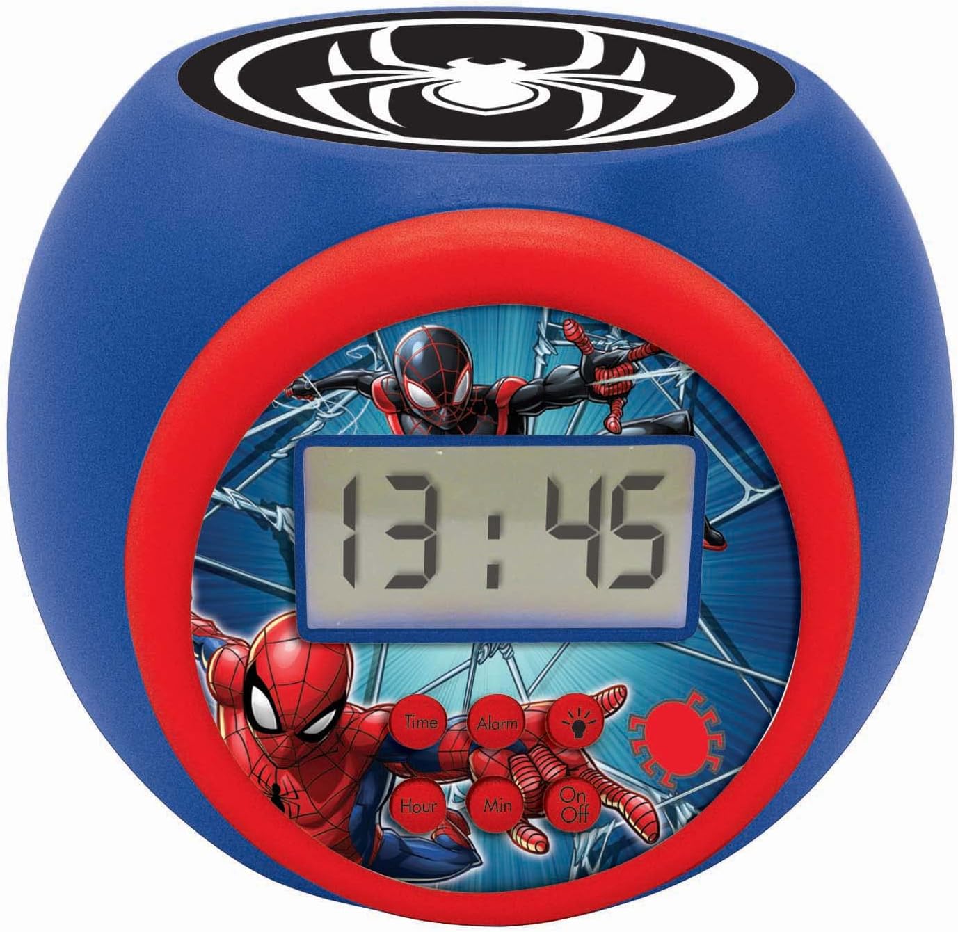 Lexibook, Spider-Man Projector Alarm Clock with Snooze Function and Alarm, Night Light with Timer, LCD Screen, Battery-Operated, Blue/Red, RL977SP