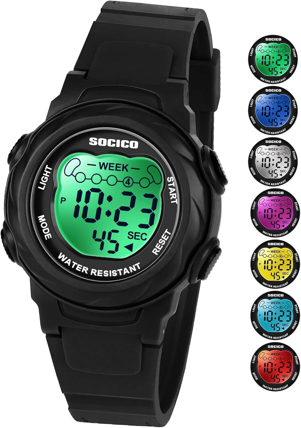 SOCICO Kids Digital Watch, 5ATM Water Resistant, 7 Color Illuminated Kids Watch with Alarm and Stopwatch for Girls Boys 5-12 Years Old
