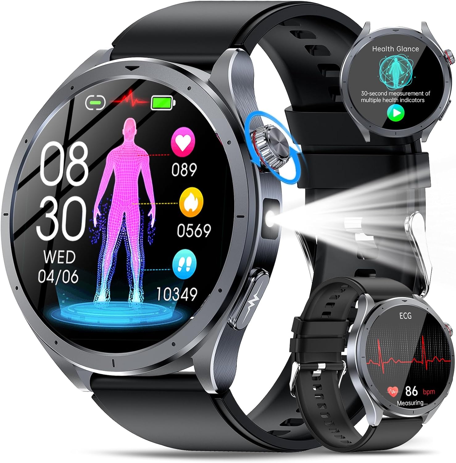 YUPENG AI Men's Smartwatch ChatGPT ECG/Li E Ia/HRV/Lipids/Uric Acid/BMI, 1.53 Inch Fitness Watch Calls/Torch, 24H Blood Pressure/Sleep/Temperature/Heart Rate Monitor/SOS, Android iOS