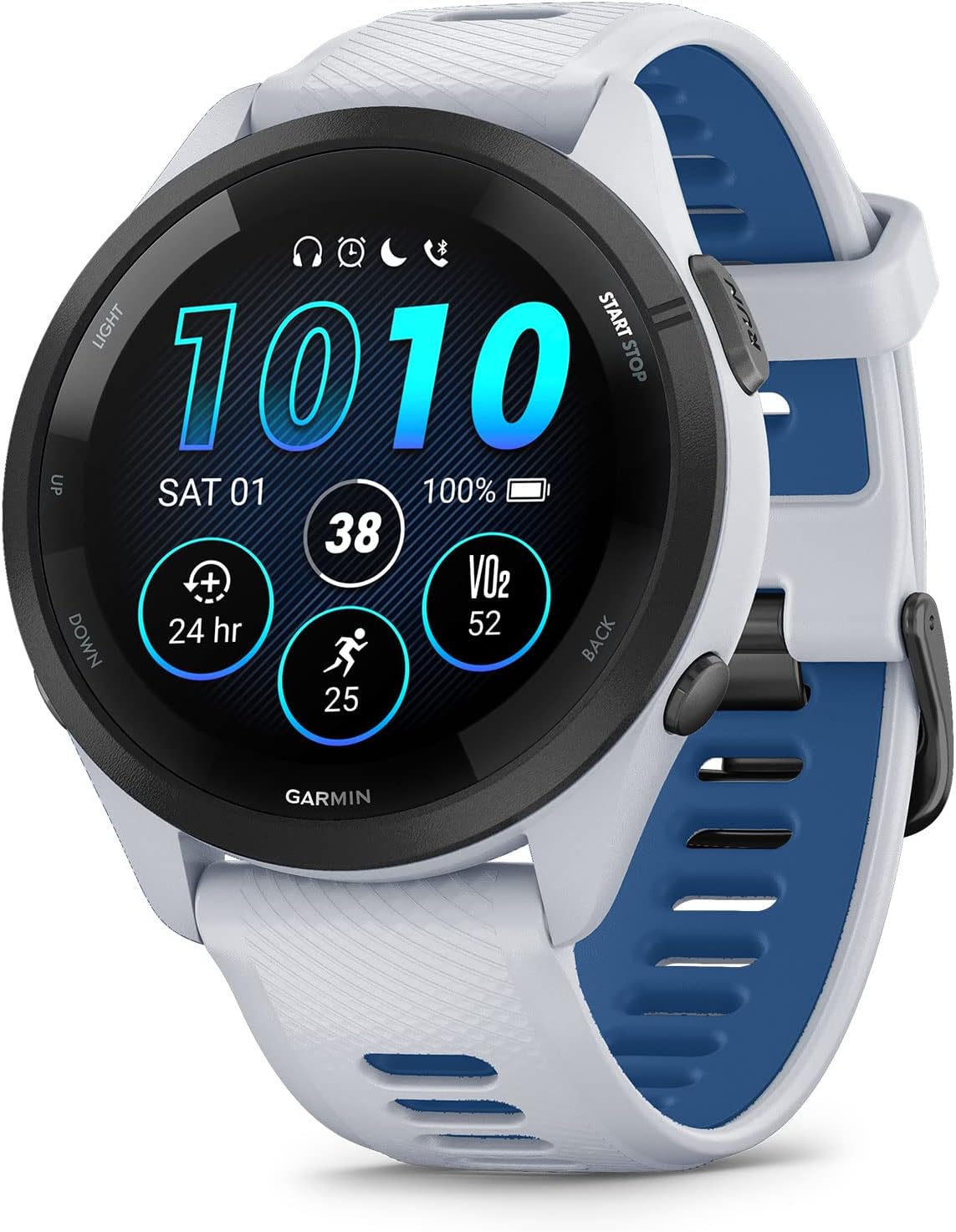 Garmin Forerunner 265 Running Smart Watch - Colorful AMOLED Display - Training Measures and Recovery Information - White Stone and Tide Blue