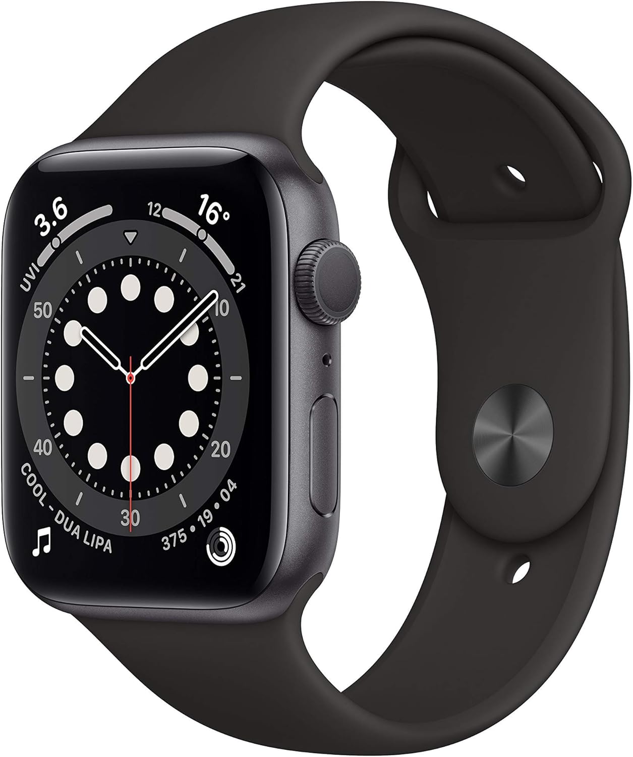 Apple Watch Series 6 (GPS, 44 mm) Space Grey Aluminium Case with Black Sport Strap (Refurbished)