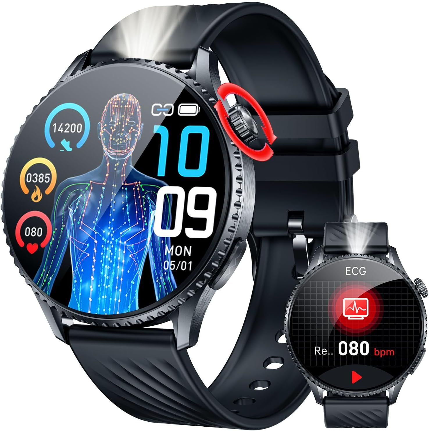 Men's Healthy Smartwatch Watches: 1.56 Inch AMOLED Fitness Tracker with ECG+HRV Smart Watch Uric Acid SPO2 Blood Pressure Sleep SOS Button Integrated LED Flashlight Compatible Android and iOS