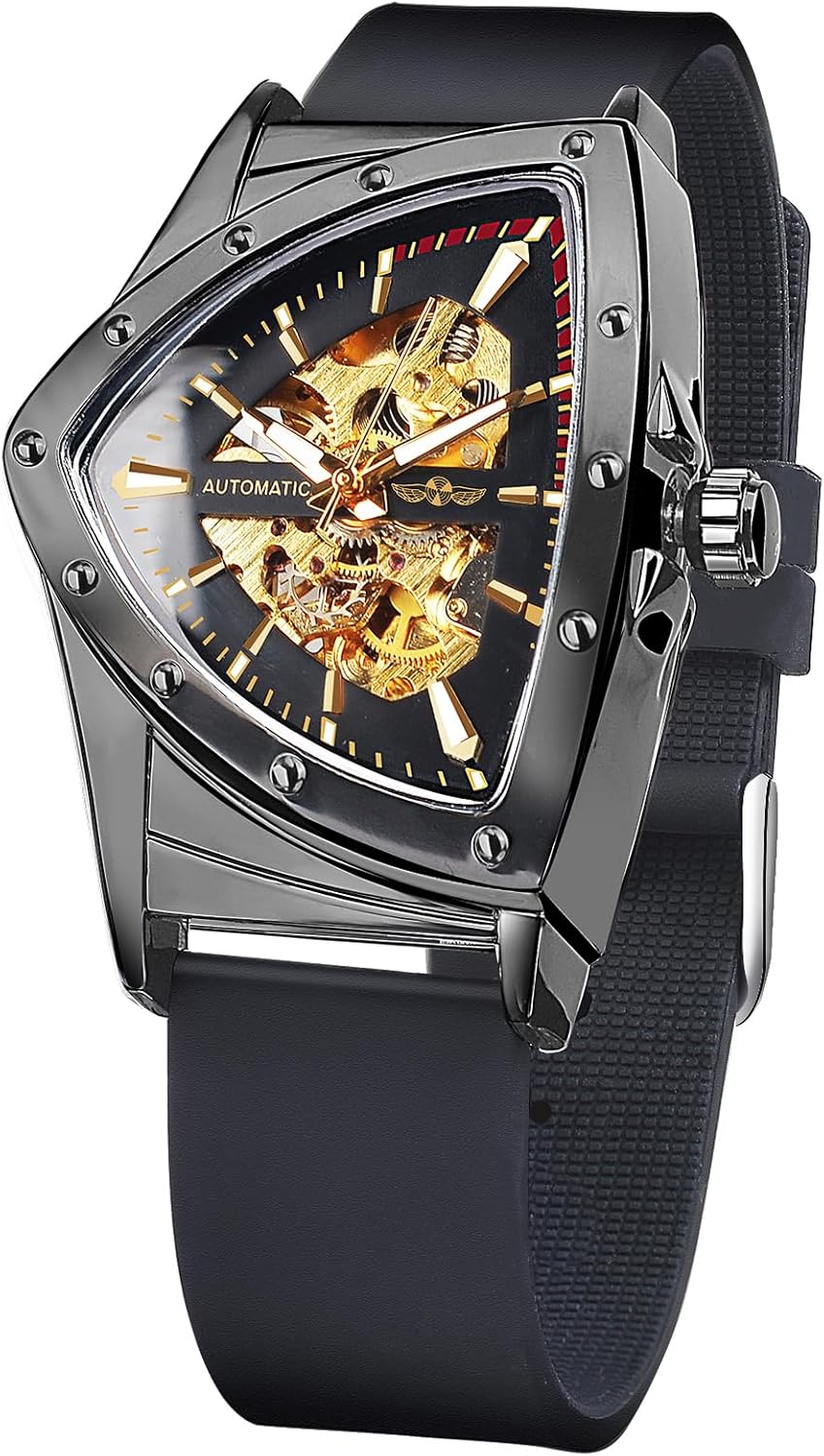 FORSINING Triangle Gold Shield Automatic Mechanical Watch, Oversized Dial Fully Hollowed Out Dial Design…