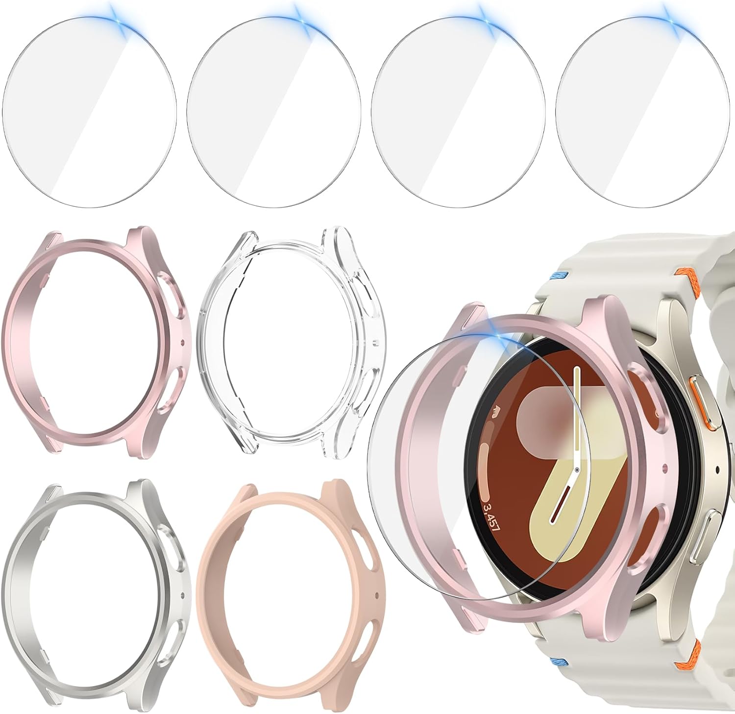4 + 4 Pieces 40 mm Cover for Samsung Galaxy Watch 7 Protective Film, Anti-Scratch PC Case + HD Tempered Glass Screen Protector Case (Rose Gold+PinkSand+Starlight+Clear)