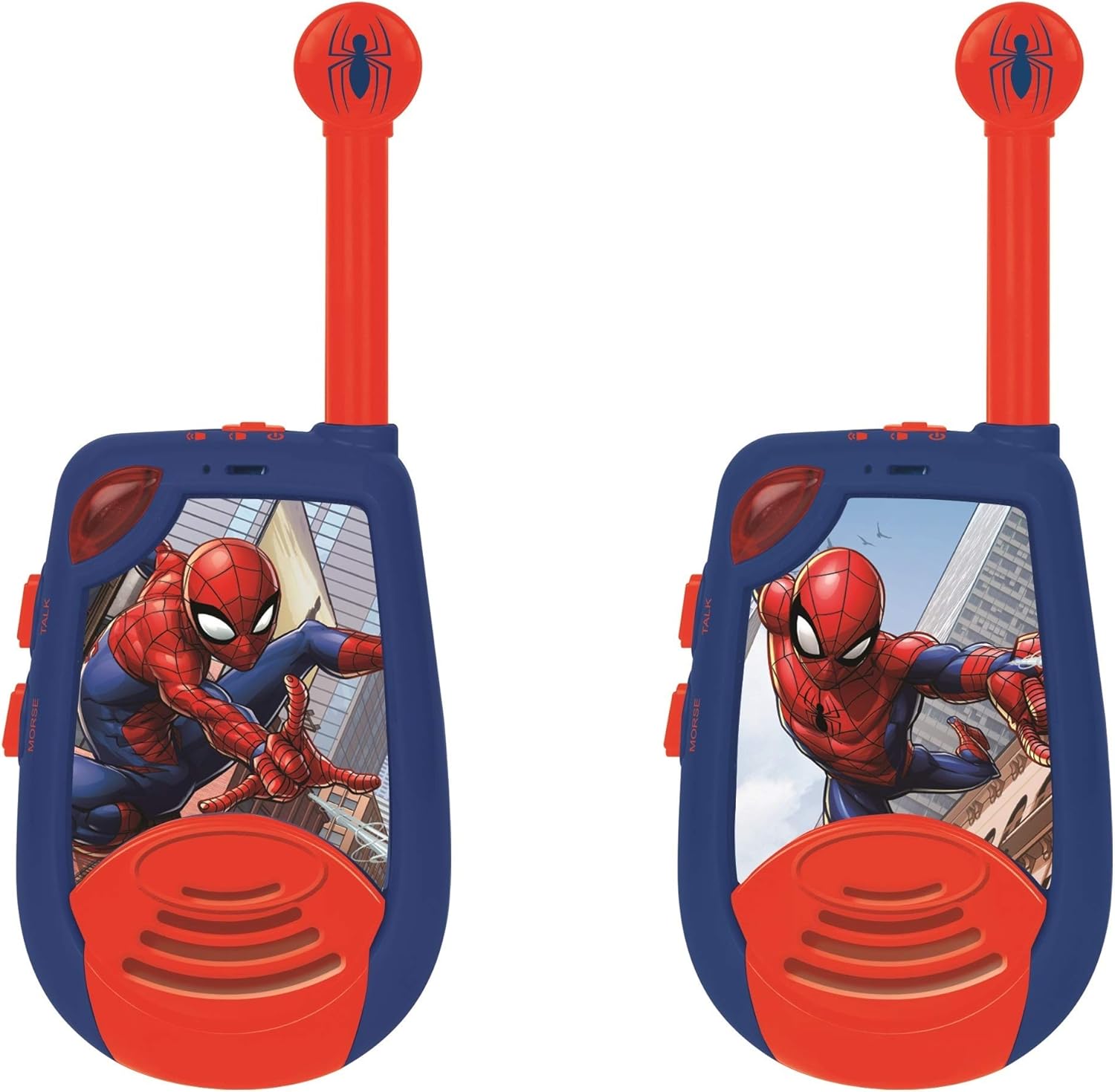 Lexibook, Spider-Man Children's Digital Walkie Talkie, 2 Km Transmission Range, Morse Light Function, Belt Clip for Carrying, Battery-Operated, Blue/Red, TW25SP