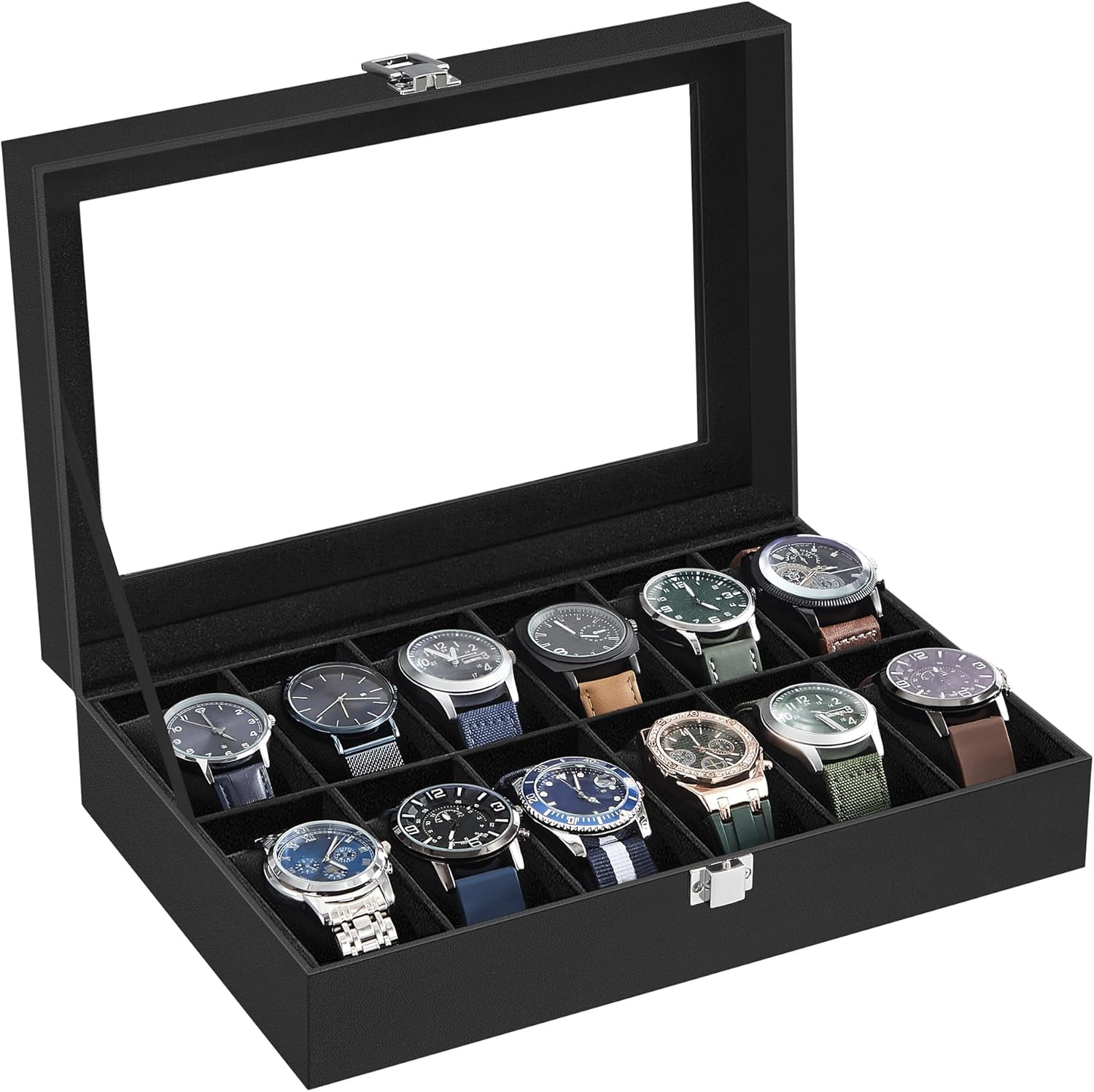 SONGMICS 12 Seater Christmas Watch Box, Watch Box, Glass Lid, Removable Cushions, Metal Closure, Gift Idea, Black PU Surface, Black Interior JWB12B