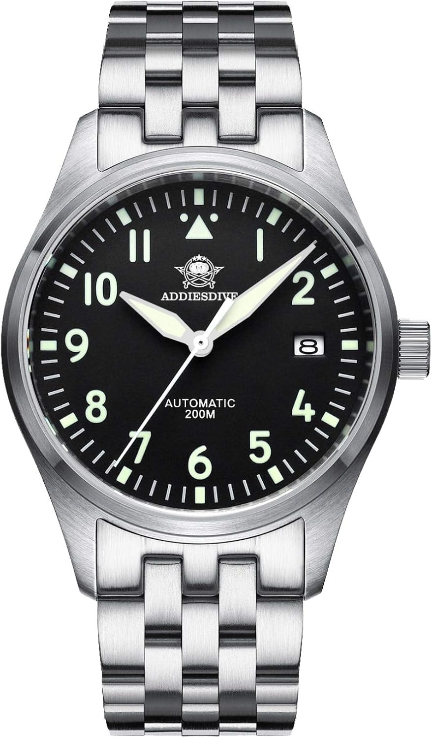ADDIESDIVE Automatic Pilot Watch for Men Waterproof Steel 200 m Luminescent NH35A /8215 Synthetic Sapphire Movement