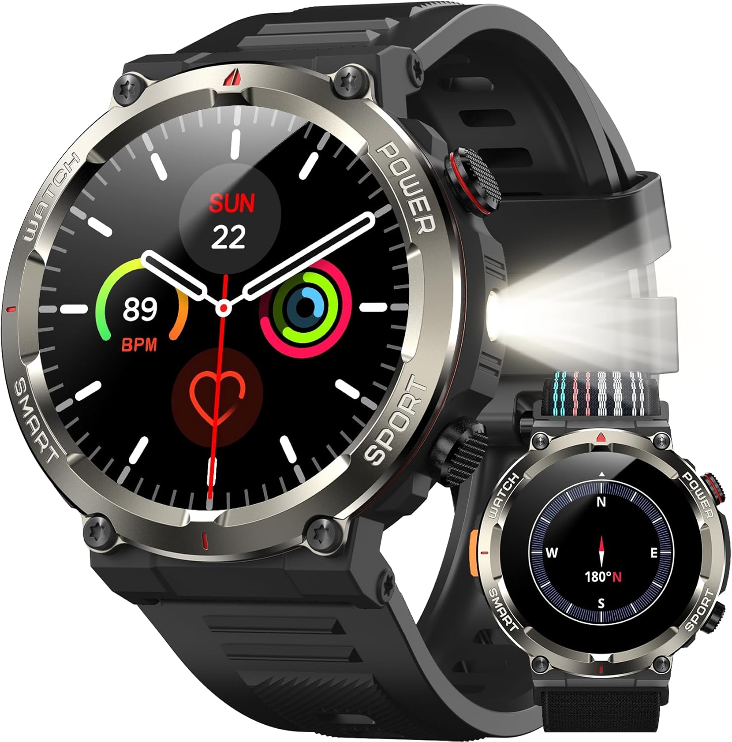 IOWODO 1.45" Military Men's Smartwatch with Bluetooth Calls, 960mAh Battery, LED Flashlight, Compass, IP68 Waterproof, Heart/Blood Oxygen Monitoring/Sleep, 100+ Sports Modes, 2 Straps