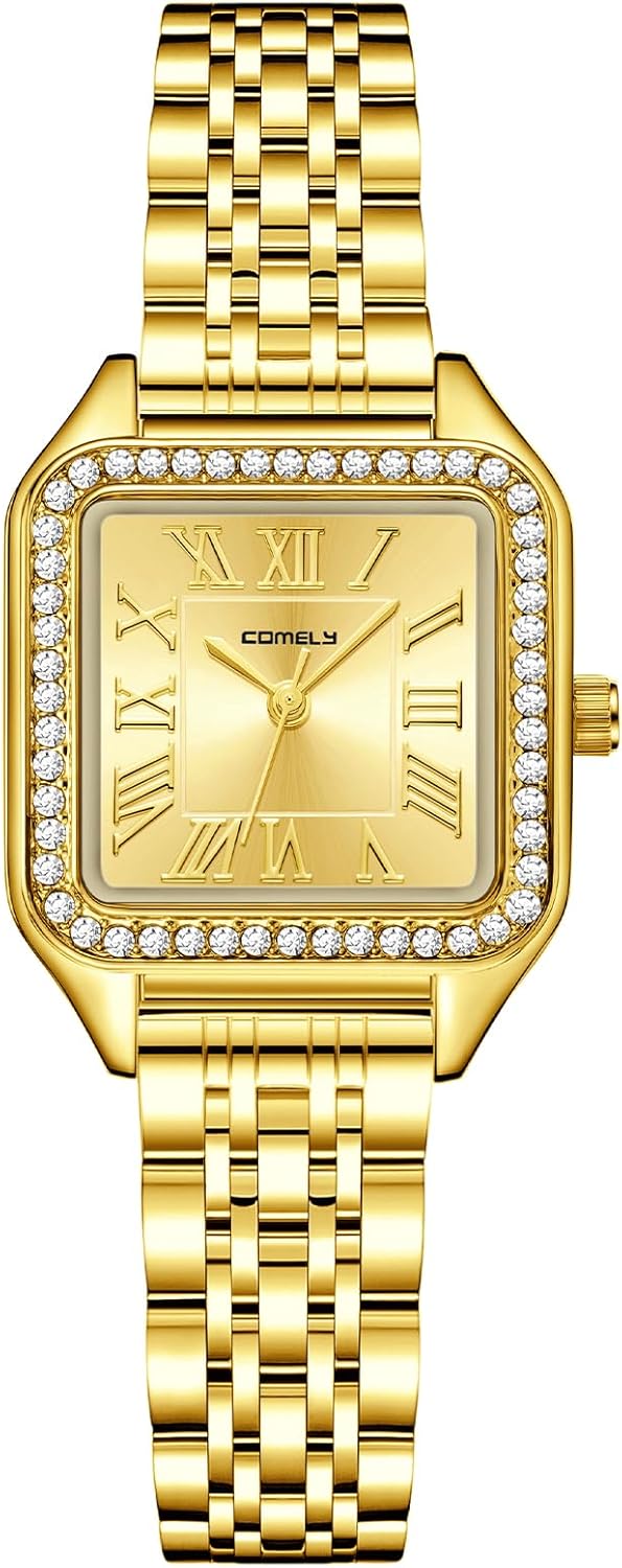 CIVO Women's Vintage Rectangular Stainless Steel Watch Case – Small Wrist Watch Roman Numerals Analogue Quartz, 1019 Gold, bracelet