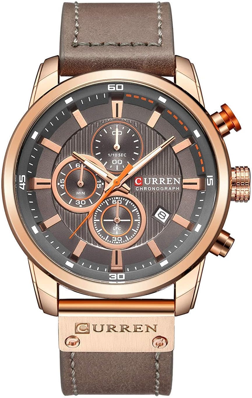 Mens Leather Band Classic Casual Stainless Steel Waterproof Chronograph Date Analog Quartz Watch
