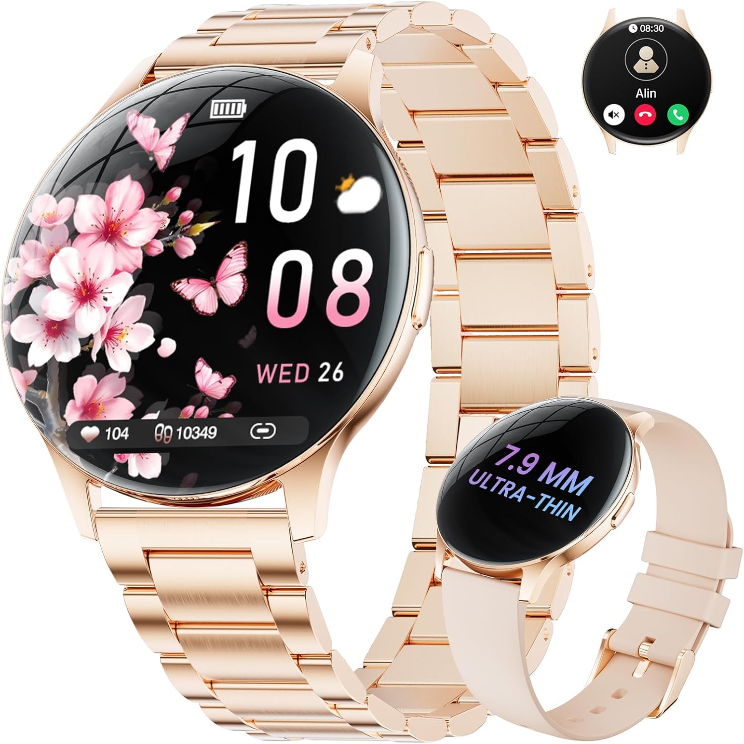 LIGE Women's Smartwatch with Bluetooth Calls, 1.43 Inches Amoled Round Fitness Tracker with Heart Rate Monitor/Sleep Monitor/Menstrual Cycle Monitor, 100+ Sport Modes IP68 for iOS Android, Rose Gold