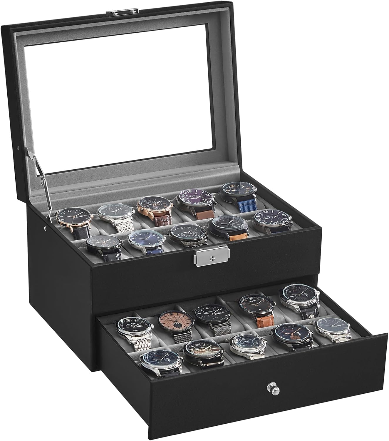 SONGMICS Watch Box, 2 Levels Watch Box, Glass Lid, Removable Pads, Gift Idea, Black PU Surface, Grey Interior JWB020