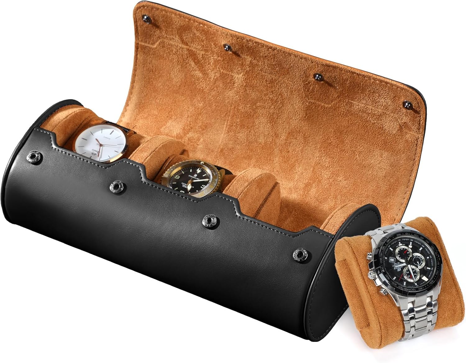 BAIGIO Cylindrical Watch Box, Leather Watch Boxes, Travel Watch Holder for 3 Watches, Watch Organizer, Watch Box Wrist Display Case (Black) - 3 Watches