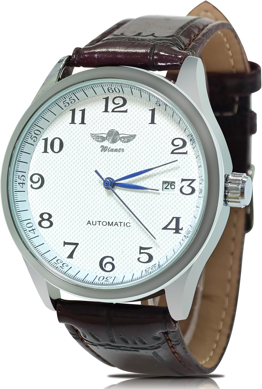 GuTe Mechanical Classic Mechanical Watch with White Dial and Blue Hands for Men PU Strap Automatic Watch, true blue / vintage white, Strap