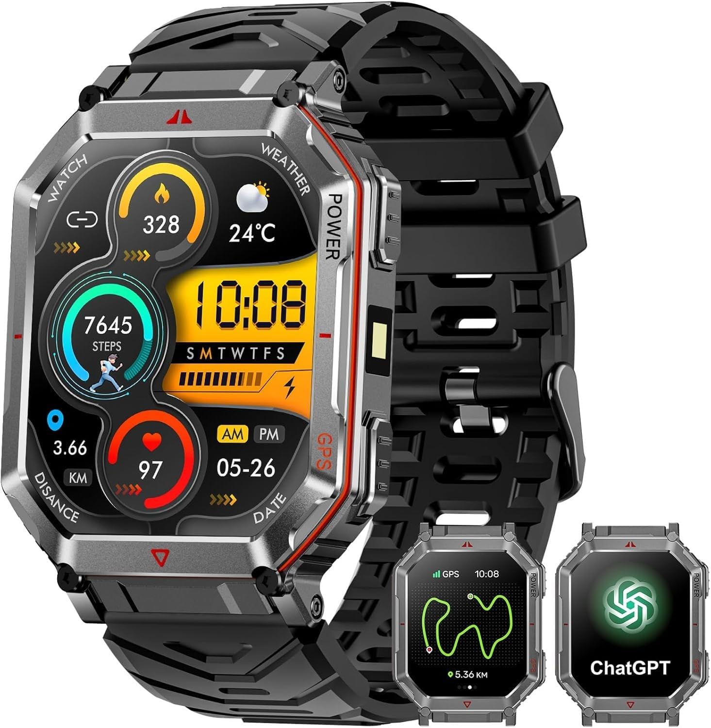 Military Smart Watch for Men with GPS/Compass, GPT Voice Assistant, 2.01" HD Display, Bluetooth Calling, Fitness Tracker with Mode, Compatible with Android and iOS (Black)
