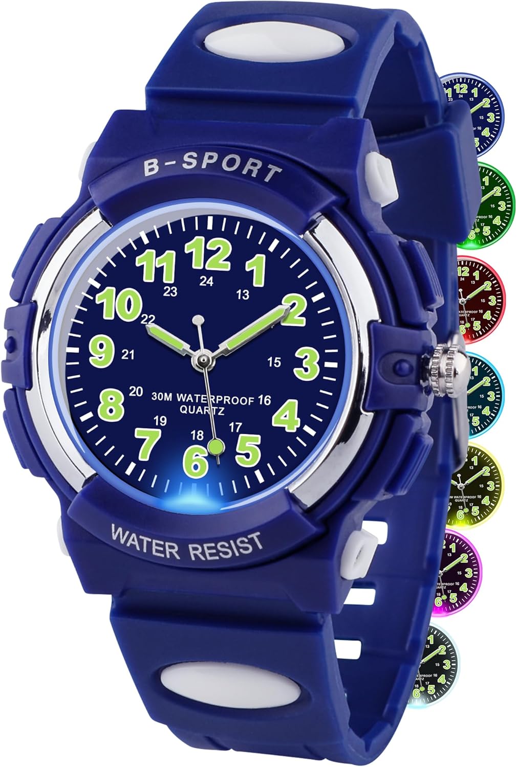 Children's Analogue Watch with Colorful Lights, 30 Meters Waterproof Educational Watch for Children and Girls, Outdoor Sports Watches with TPU Strap for Children 5-16