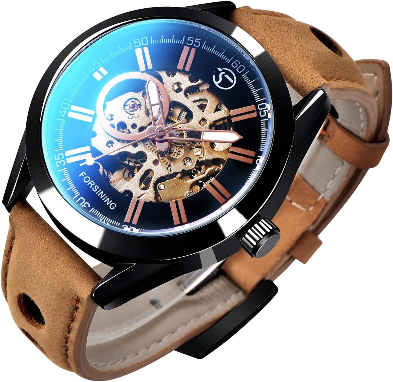 Gute Men's Automatic Skeleton Mechanical Analog Casual Sports Brown Leather Watch ‎ 24 x 2 x 1.5 cm Classic