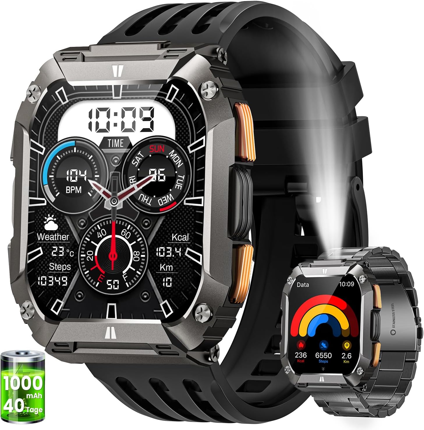 Men's Military Smartwatch with LED Torch/1000 mAh, 2.01 Inches AMOLED Smartwatch with Calls, 113 Sports Modes, 5 ATM Waterproof Fitness Watch, Heart Rate Monitor/Sleep/SpO2 Android iOS