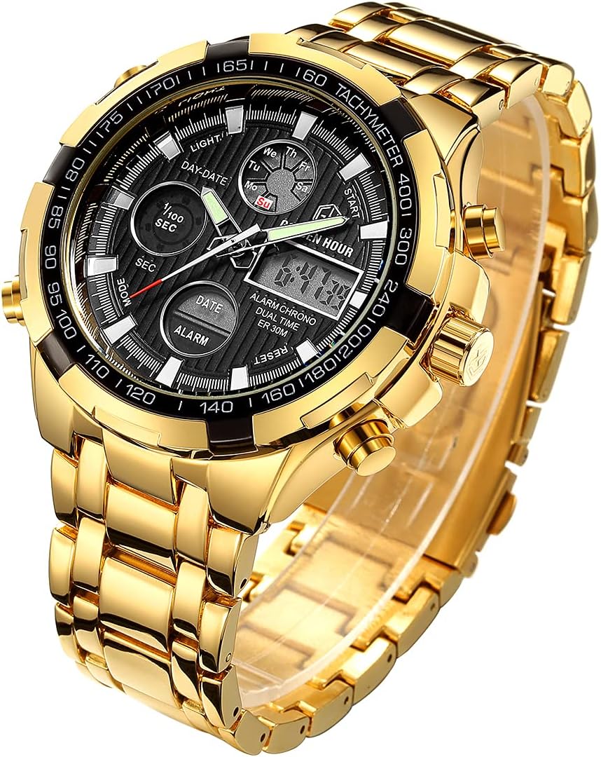 Mens Stylish Waterproof Stainless Steel Analog Digital Chronograph Date Alarm Watches