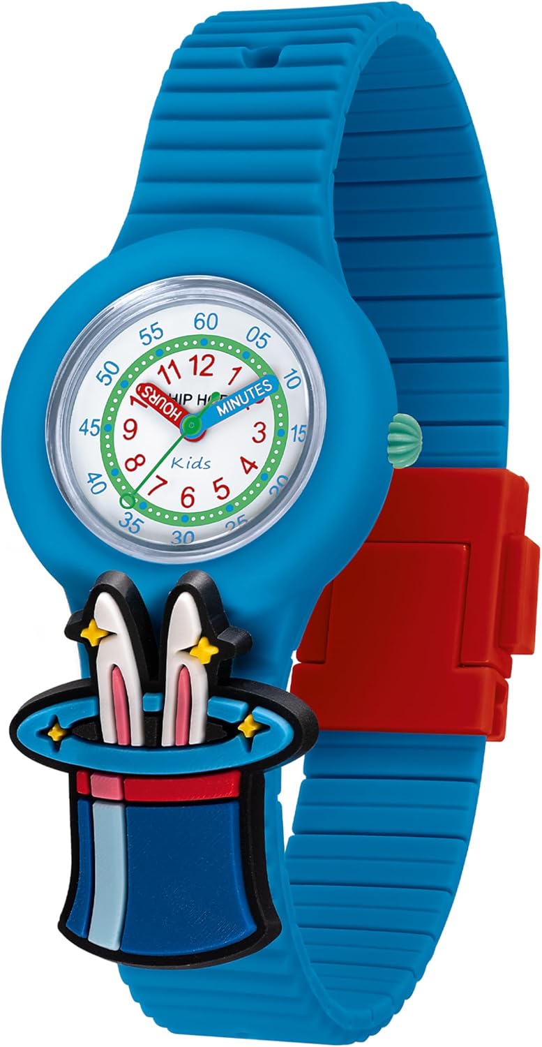 HIP HOP, Collezione PINTASTIC!, Orologio per Bambini, con Quadrante Didattico e Lancette Colorate, Cinturino in Silicone, Personalizzabile con 5 Elementi Decorativi a Tema Circo Inclusi, Idea Regalo