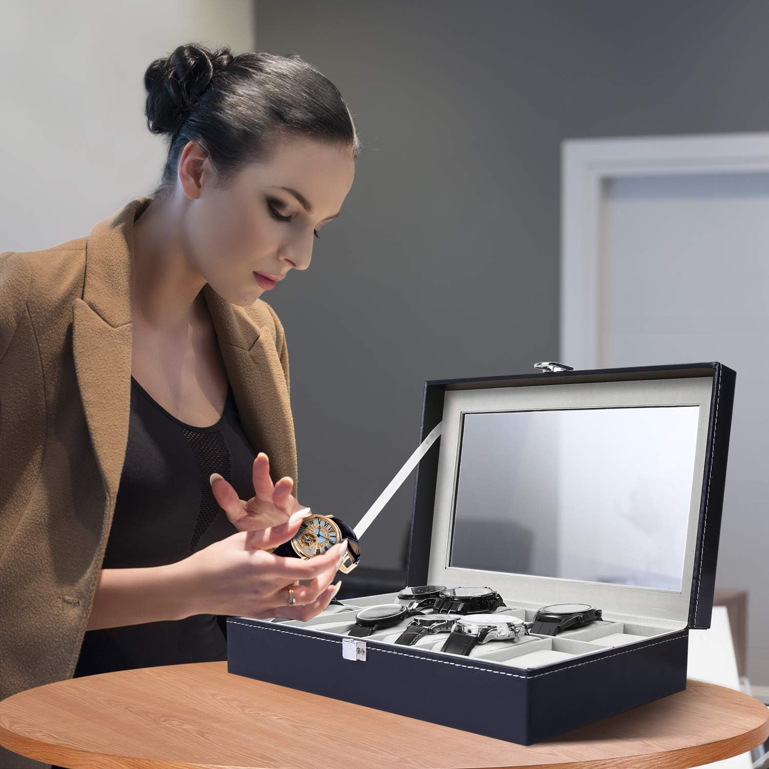 Ohuhu 12 Compartments Watch Box with Glass Lid and Removable Velvet Pads, Watch Case for Men and Women, Valentine's Day Birthday Gift