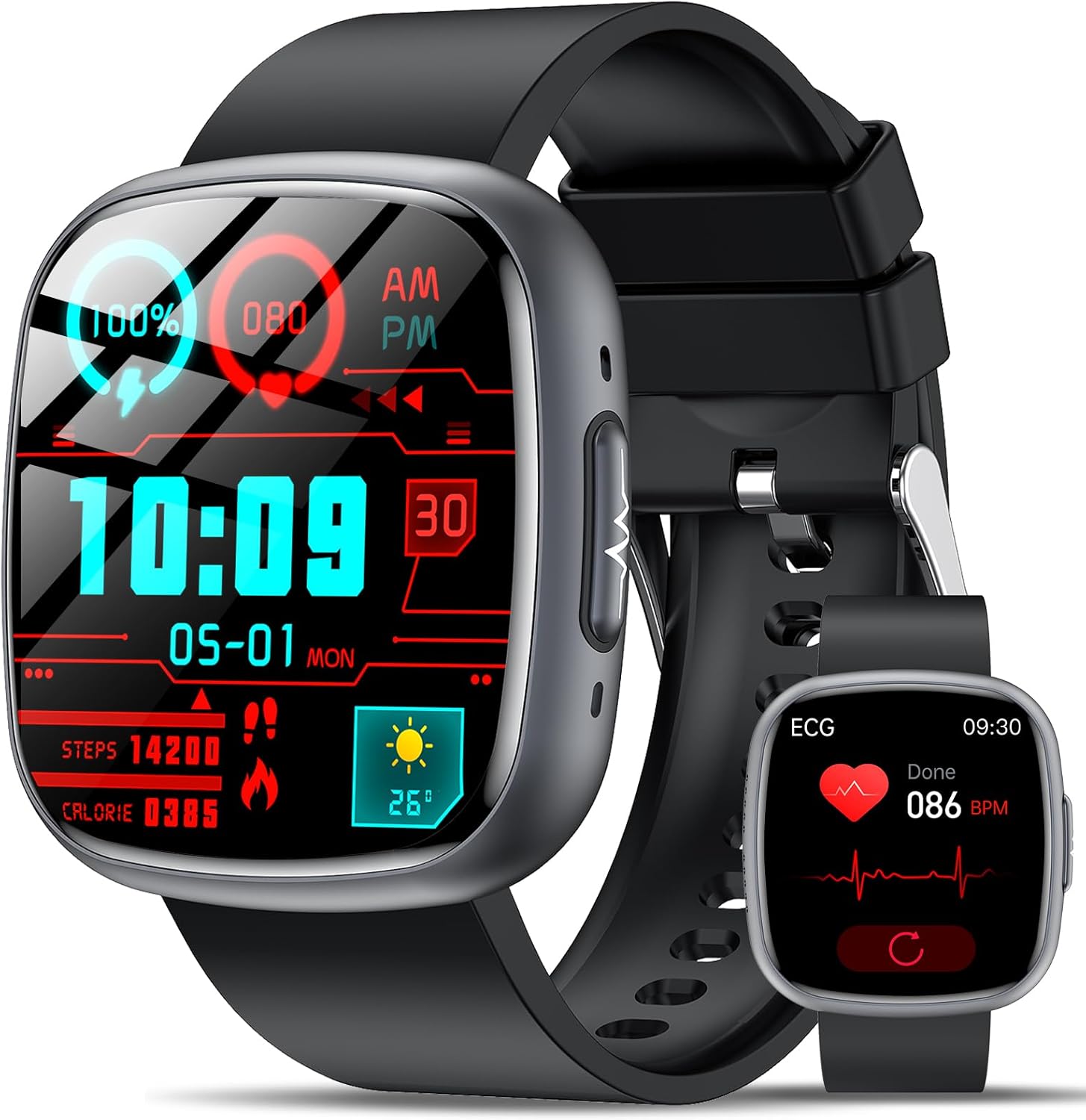 Smartwatch Blood Pressure with ECG/HRV/BMI/Uric Acid/Lipids, Health Watch 1.75 Inch AMOLED, 24H Heart Rate, Sleep/SpO2/Temperature, Pedometer IP68, for Android/iOS