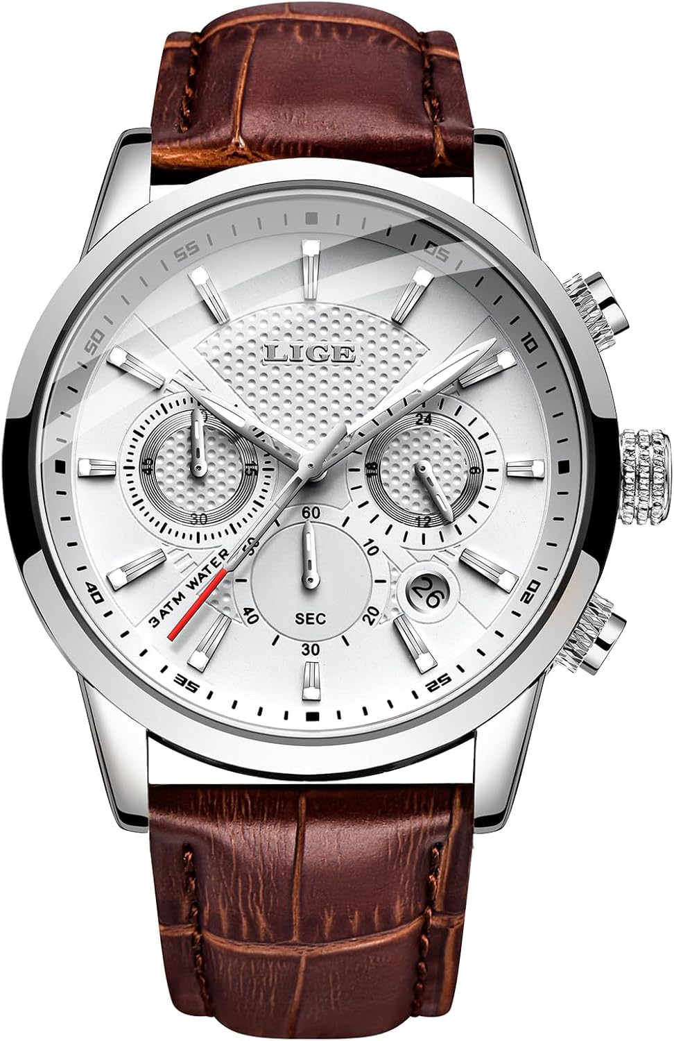 LIGE Men's Watches Fashion Waterproof Stainless Steel Analogue Quartz Sport Chronograph White Dial Classic Leather Strap Watches