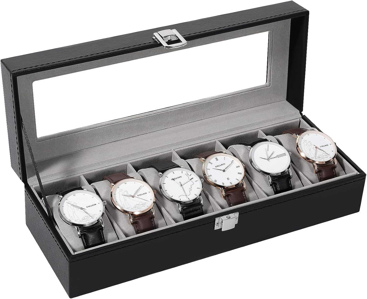Uten 6 Compartment Watch Holder, PU Watch Box with Glass Lid, Grey Lining, Removable Pads, Metal Buckle, Jewellery Box for Men and Women Watches