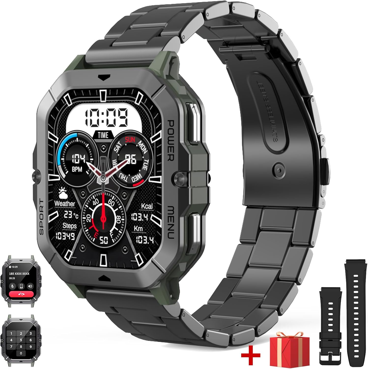 Men's Smartwatch (2 Straps), 2.02 Inch Smartwatch with Call/Answer and Answer, 1 ATM Waterproof 410 mAh 100 + Sport Mode with Sleep/Heart Rate Monitor/Pedometer, for Android iOS (Black)