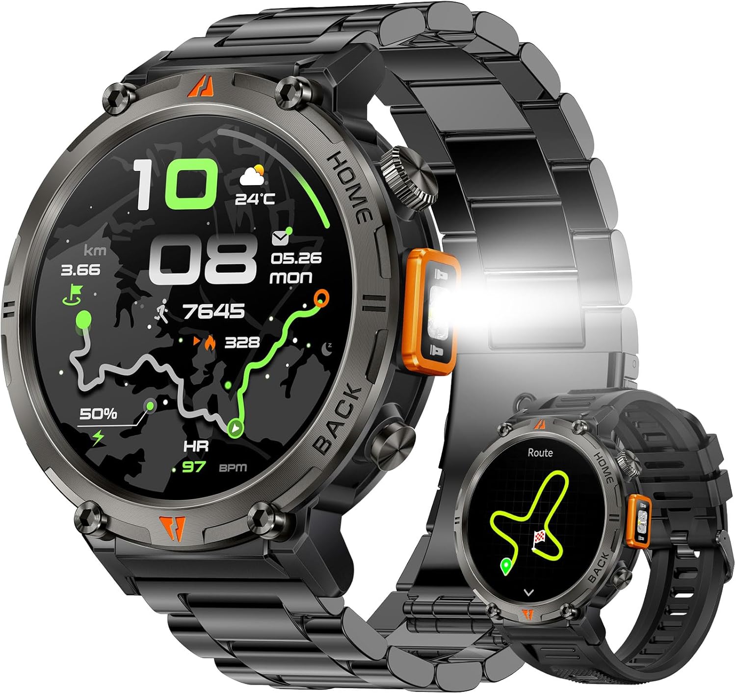 GPS Men's Waterproof 3ATM Military Smartwatch with LED Flashlight Compass, 1.45 Inches HD Rugged Smartwatch Watch with Bluetooth Calls, Fitness Watch with Heart SpO2 WhatsApp Notifications for Android