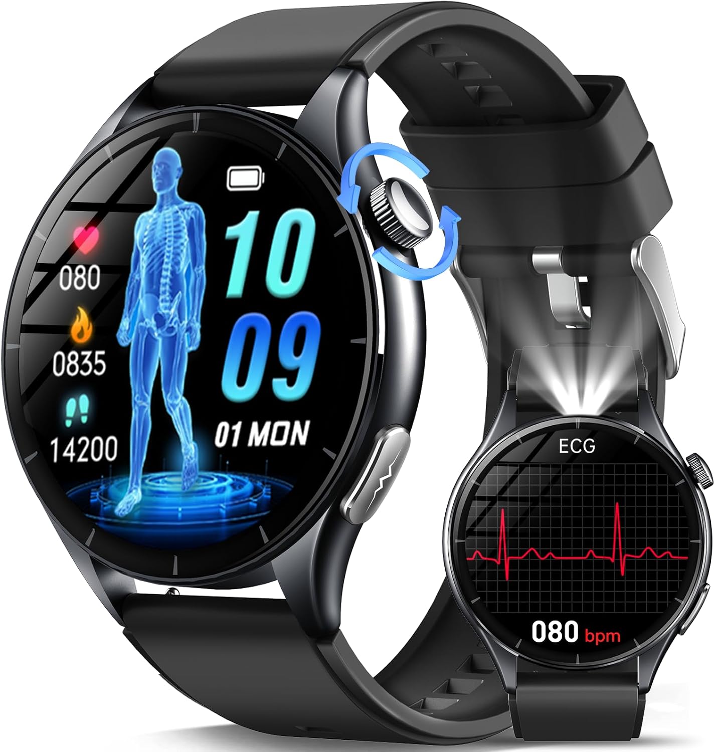 2026 New Men's Smartwatch with ECG / Blood Pressure / Uric Acid / Sleep / BMI / Temperature / Heart Rate Monitor, 1.56 Inches Healthy AMOLED Watch with LED Flashlight, Phone Function, SOS Button