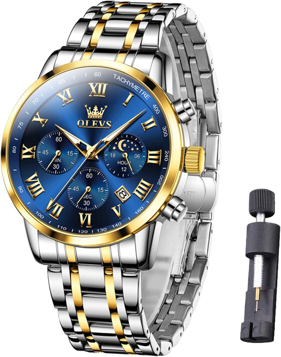 Men's Watch Chronograph Moon Phase Waterproof Luminous Elegant Watch White Black Blue Available in Stainless Steel or Leather